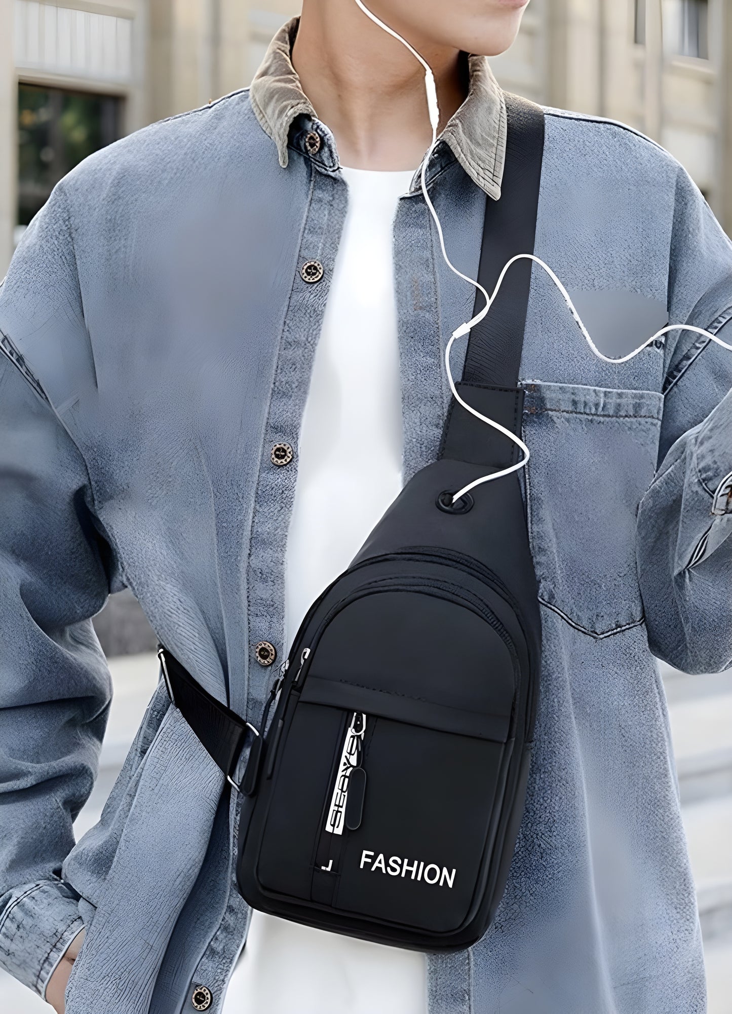 Woman wearing designer chest utility bag, front view, UK. Fashionable and practical choice.