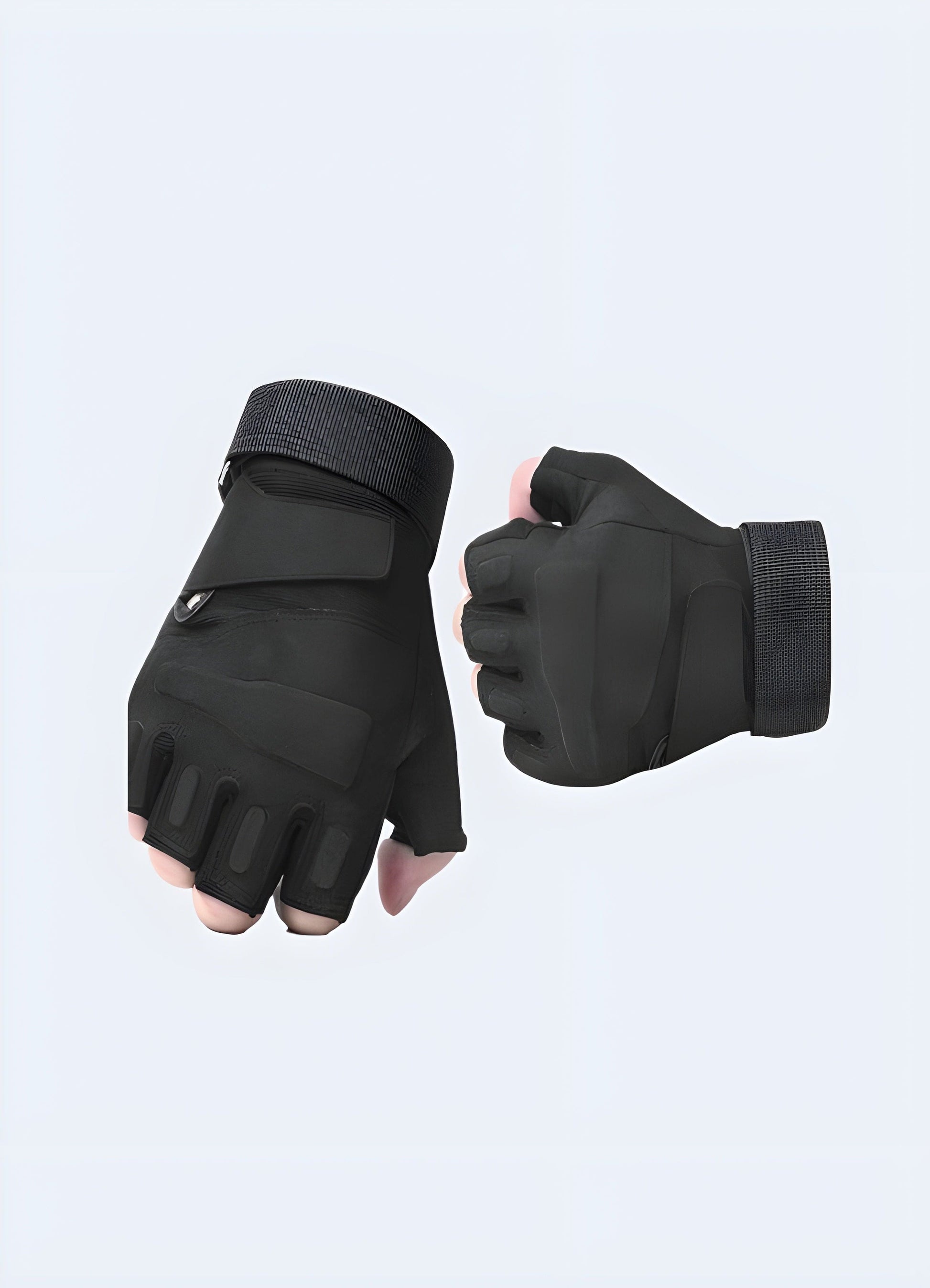 Men wearing black tactical fingerless gloves, front and side view, highlighting adjustable wrist straps and rugged design suitable for tactical use.