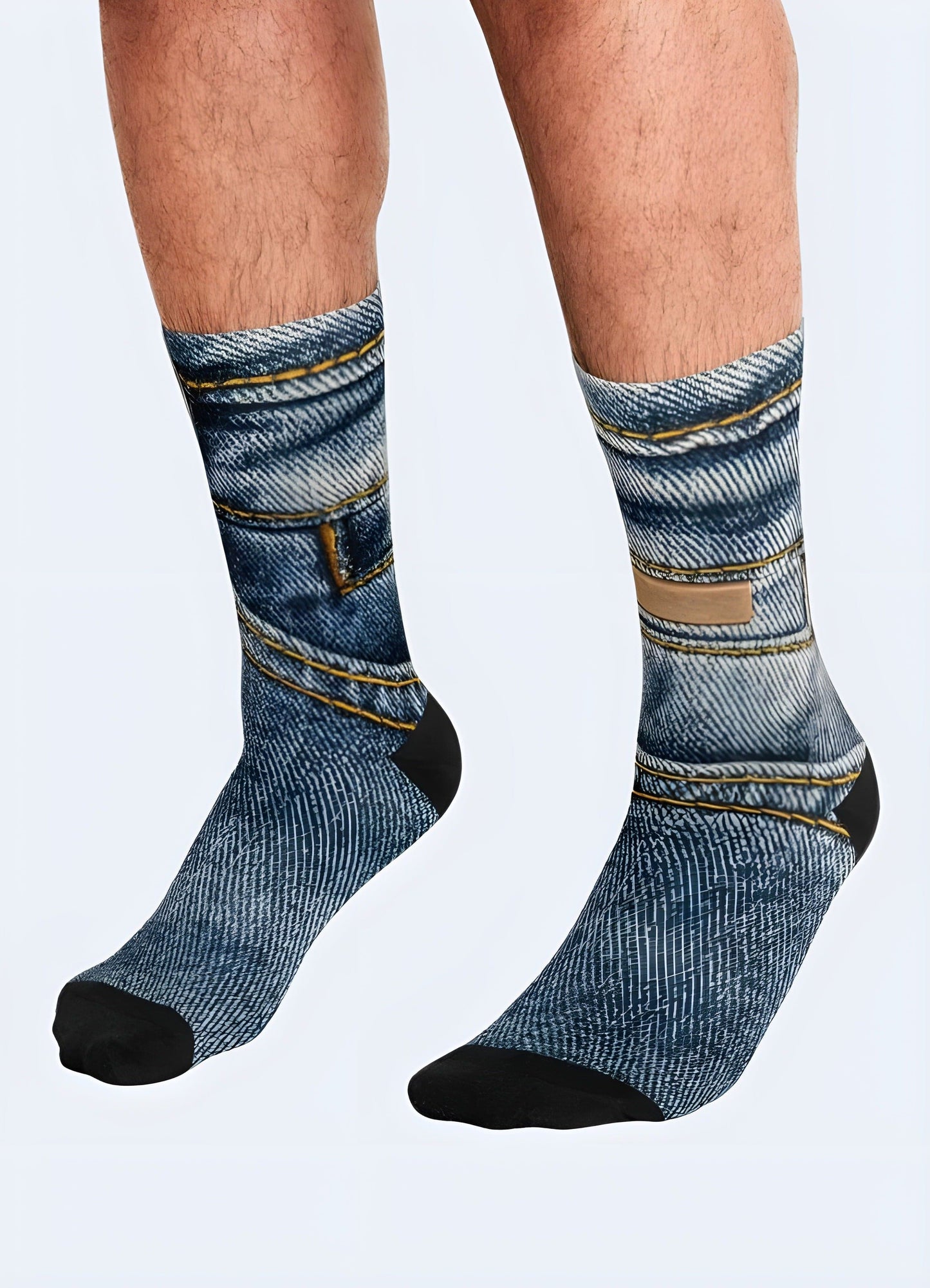 Front side view of a man wearing blue jeans and socks in the UK. Casual and comfortable outfit choice for men.