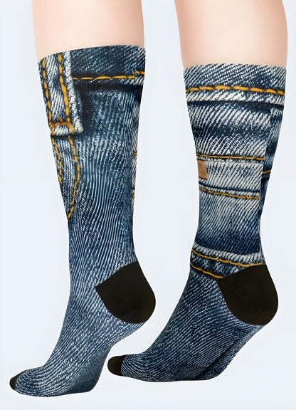 Men wearing blue jeans socks, showcasing the versatile and trendy design that appeals to UK fashion enthusiasts who appreciate the timeless appeal of denim-inspired accessories