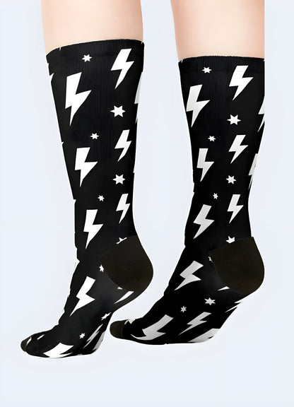 Rear view of a man wearing fashionable socks adorned with a dynamic lightning bolt print, highlighting the unique design.