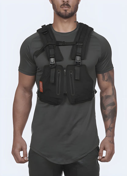  Men wearing a black streetwear chest rig, front view, enhancing their urban look in the UK.