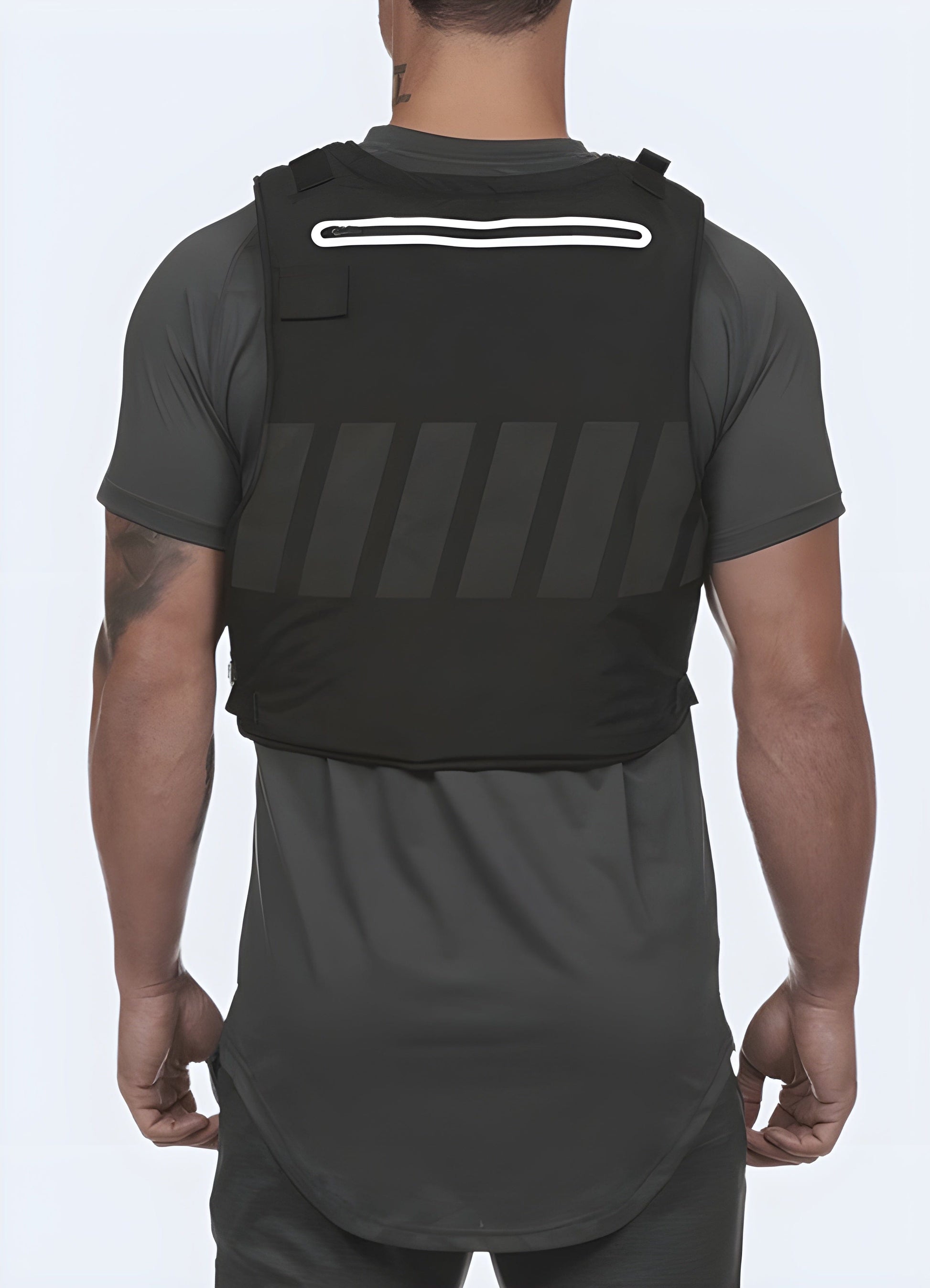 Men showcasing a black streetwear chest rig, side view, ideal for UK streetwear enthusiasts.