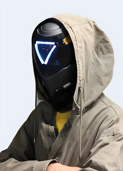 A man wearing the cyberpunk techwear mask in a side view, highlighting its fit and style, available in the UK.