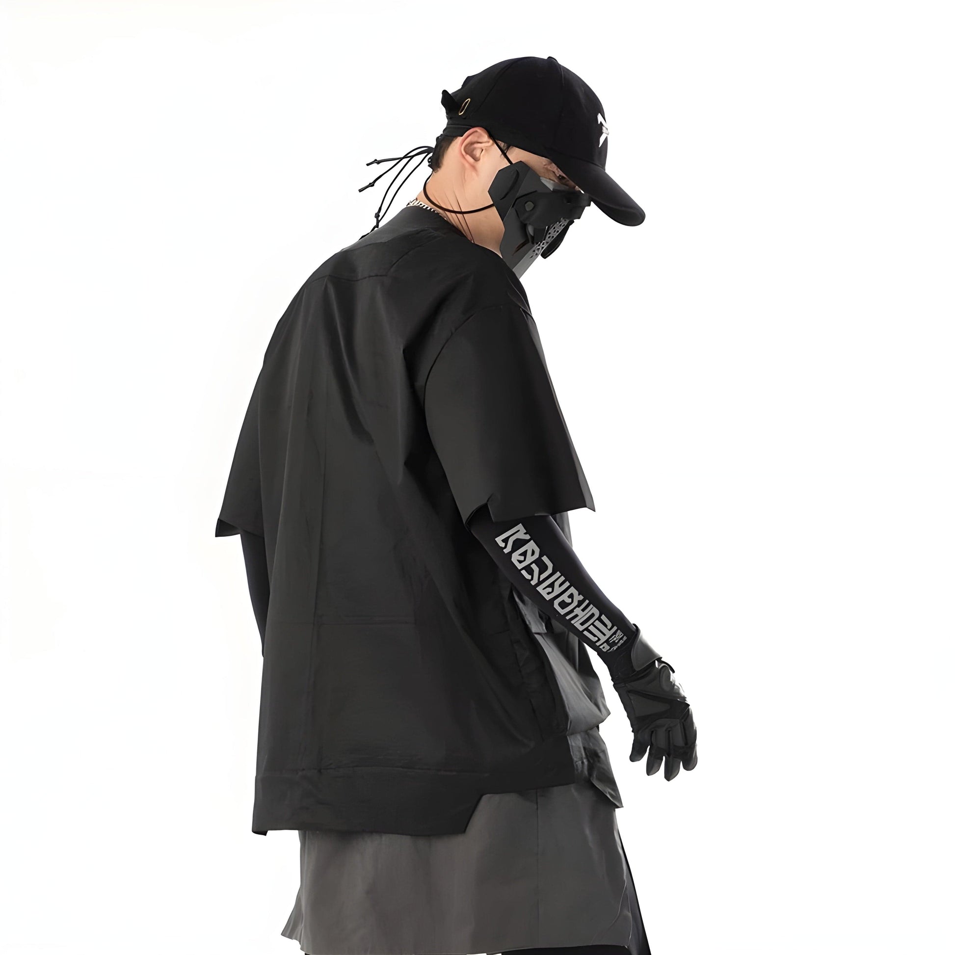 The back view of a man wearing a futuristic kimono highlights the garment's innovative design, combining modern aesthetics with traditional Japanese elements. 