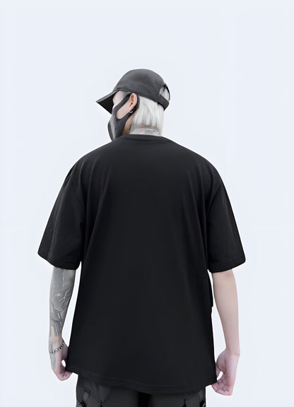 Back side view of a man sporting a modular futuristic shirt, highlighting its versatile design and high-quality construction for fashion-forward individuals in the UK.