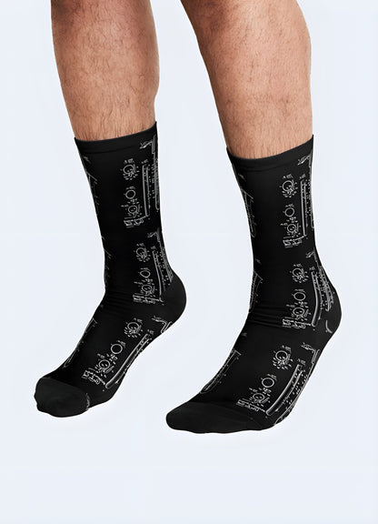 Front and side view of men wearing robotics socks, highlighting the cutting-edge design and high-quality materials that cater to the tastes of UK tech enthusiasts and fashion-forward individuals