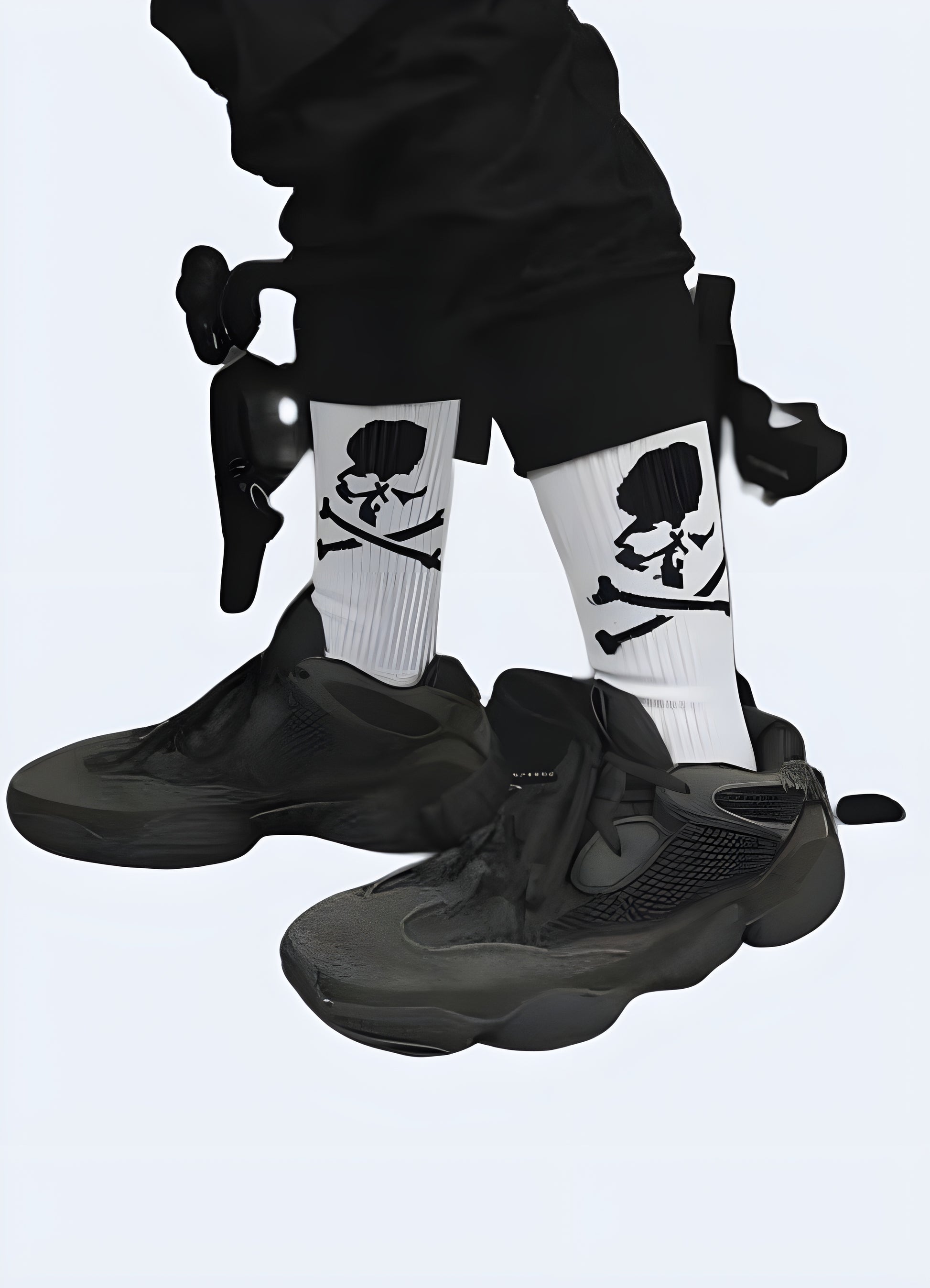 Side view of a man wearing white skull street socks in the UK. Stylish and trendy sock choice for men.