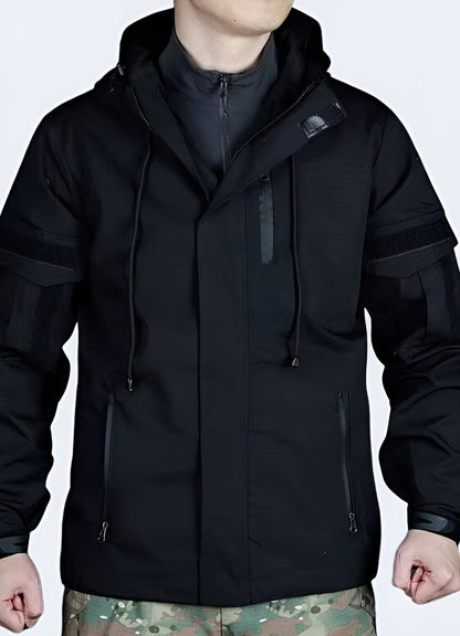 Exude urban style and tactical functionality with this sleek black tactical jacket.