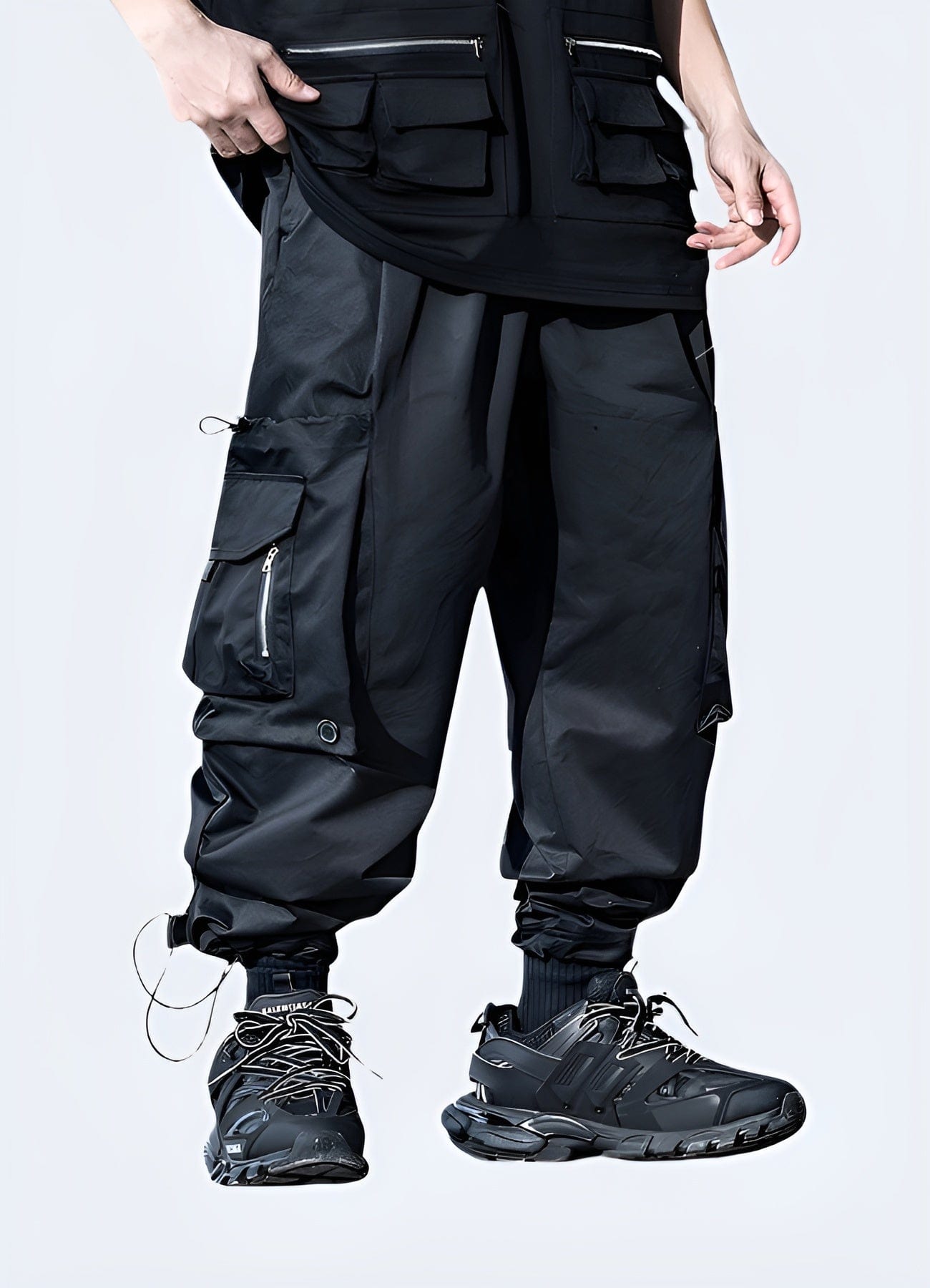 Front view of men wearing trendy streetwear cargo pants, showcasing the garment's contemporary design and practical features, ideal for fashion-forward individuals in the UK.