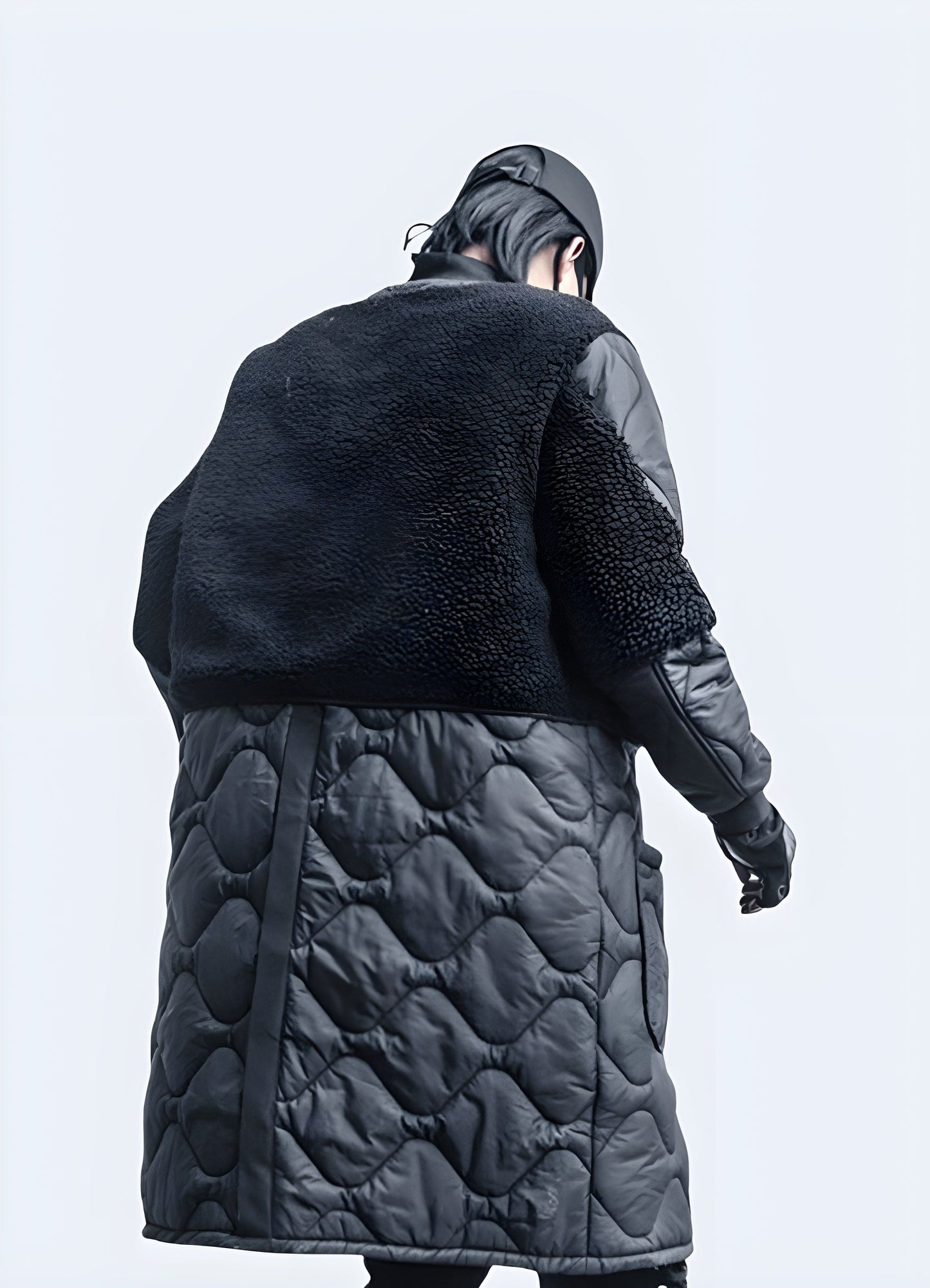 Back view of a man wearing a streetwear sherpa jacket, showcasing its plush texture, modern silhouette, and trendy details, perfect for style-conscious UK consumers.