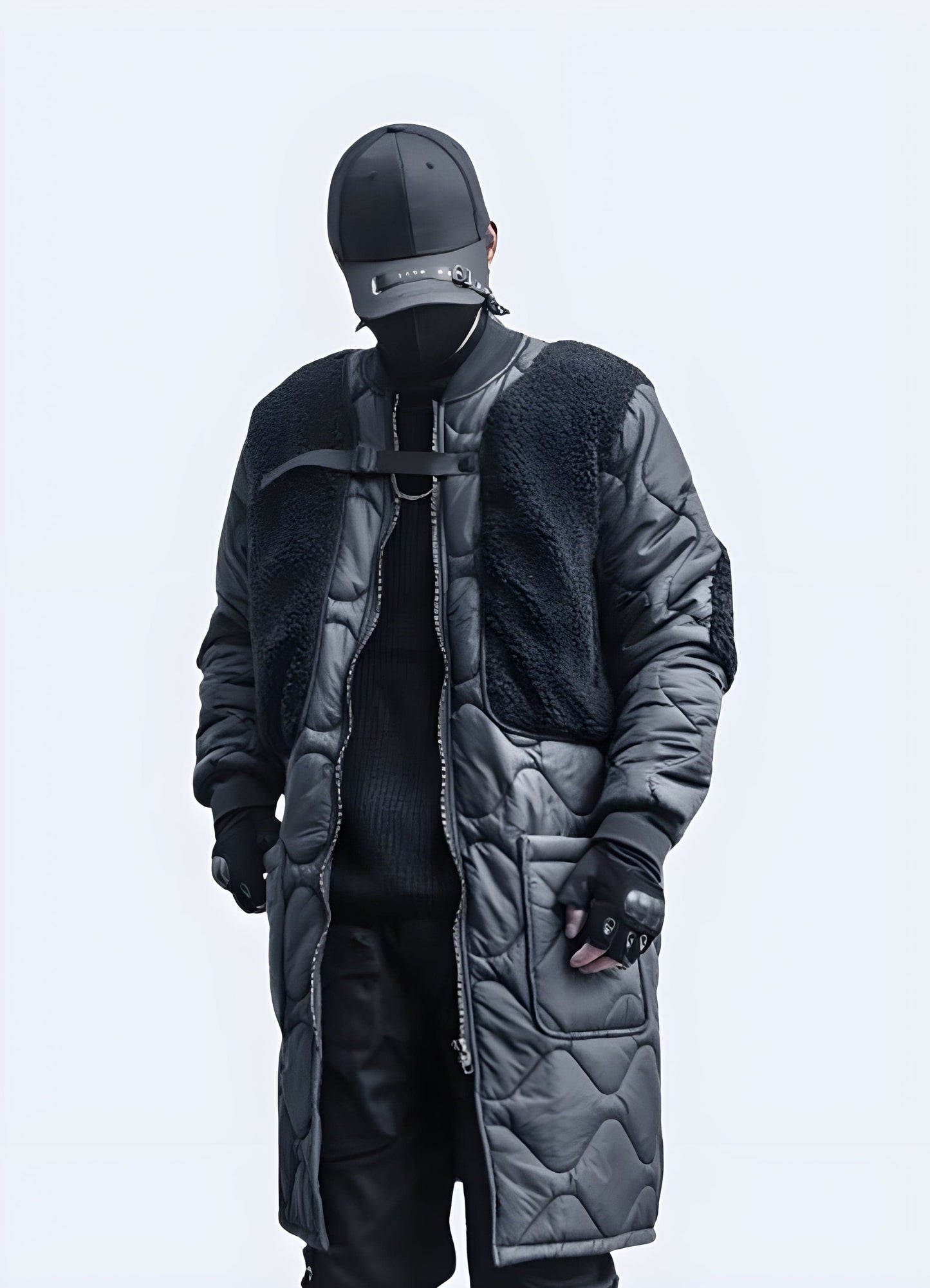 Front view of a man wearing a streetwear sherpa jacket, highlighting its eye-catching design, high-quality materials, and fashion-forward aesthetics, ideal for UK's urban fashion enthusiasts.