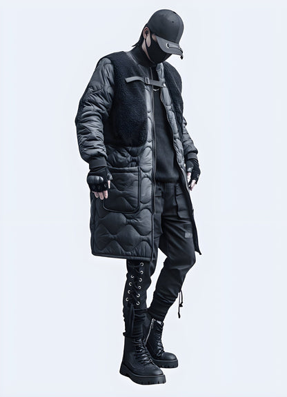 Right side view of a man wearing a streetwear sherpa jacket, emphasizing its versatile style, practical features, and cozy appeal, perfect for fashion-savvy individuals in the UK's streetwear scene.