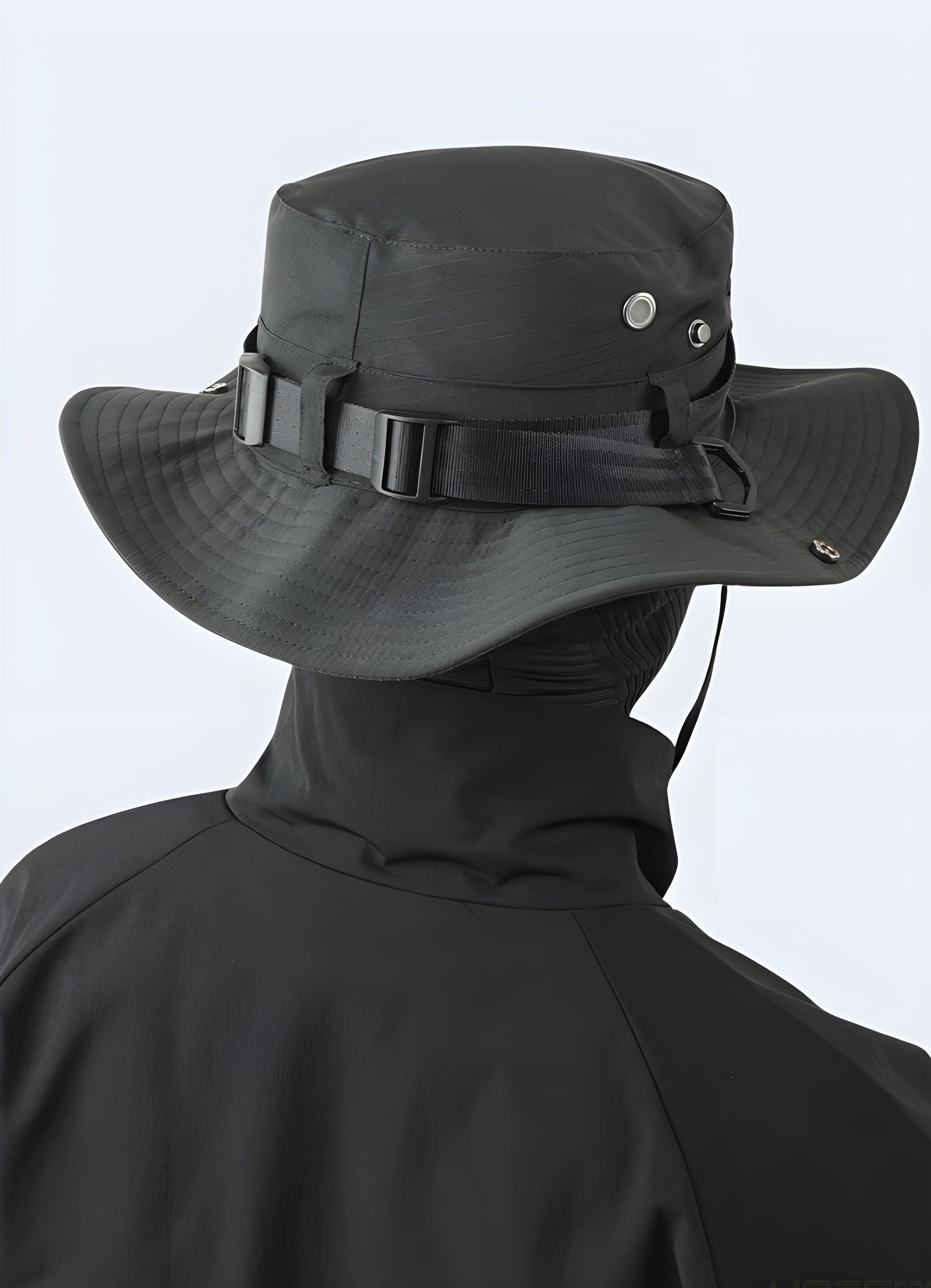 Back side view of a man wearing a tactical bucket hat, highlighting its practical design and comfort.