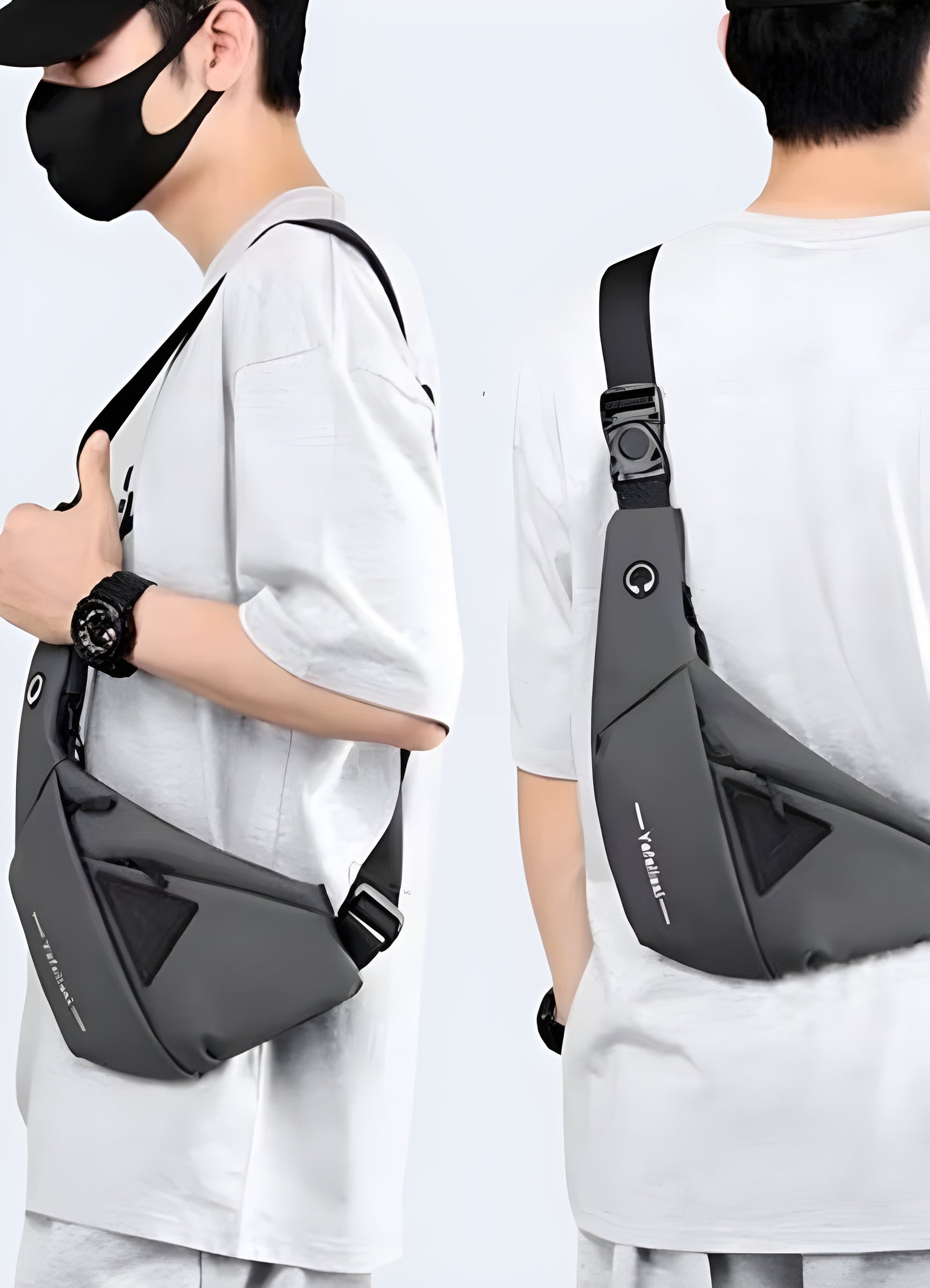 Man wearing tactical crossbody bag back side view UK — functional techwear sling bag with adjustable straps and urban utility design.