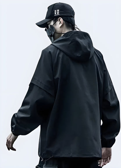 Back view of a man modeling a state-of-the-art technical jacket, highlighting its advanced materials and construction.