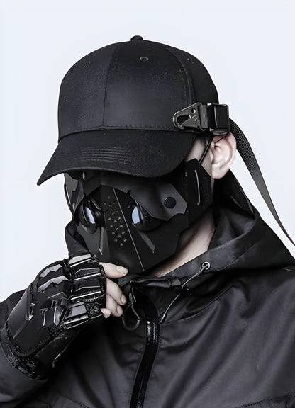 Front view of a man wearing a techwear baseball cap in the UK, highlighting its modern and functional style.