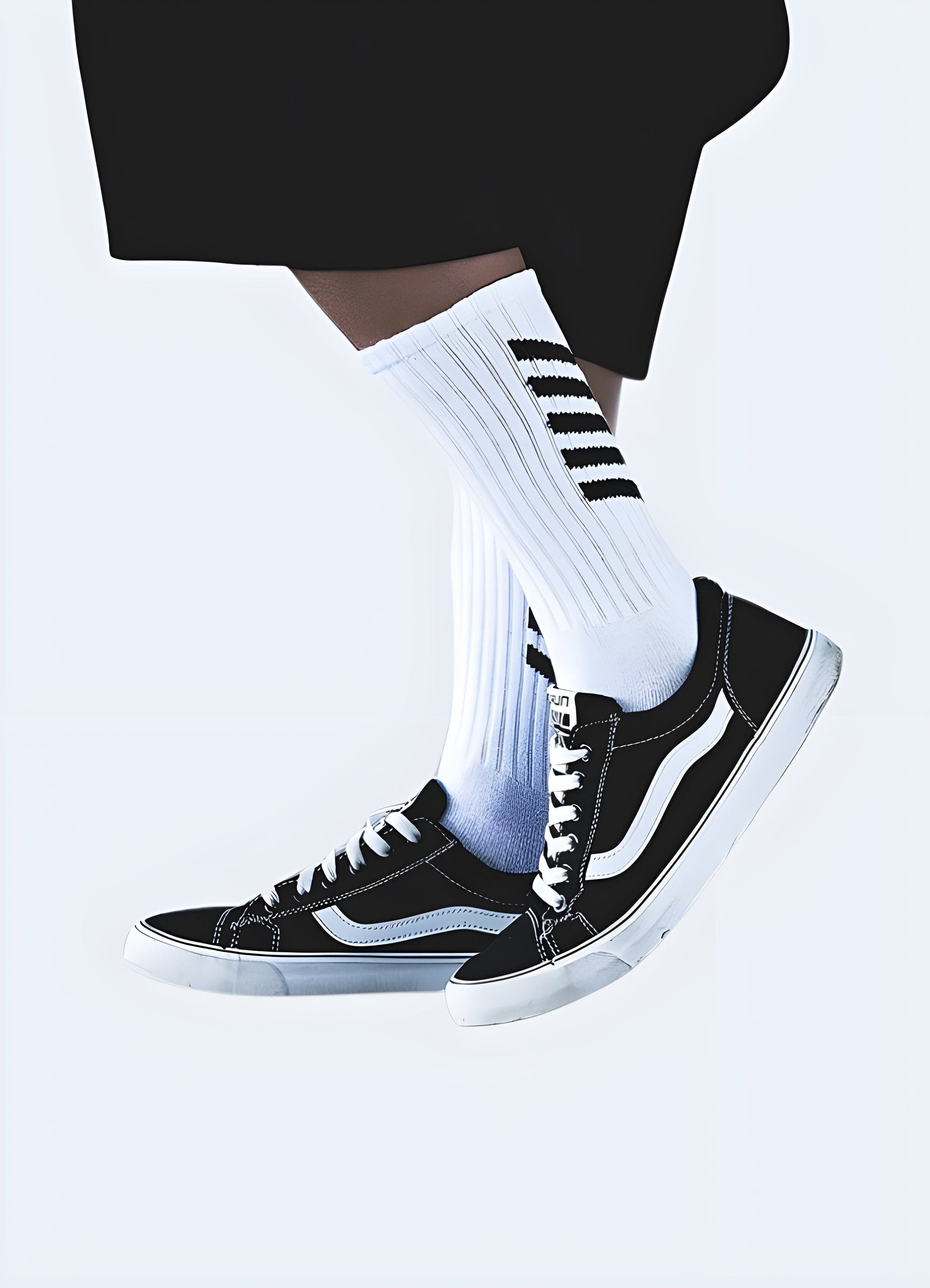 Man wearing white techwear-inspired streetwear socks, demonstrating the trendy side view and comfortable fit for UK urban explorers.