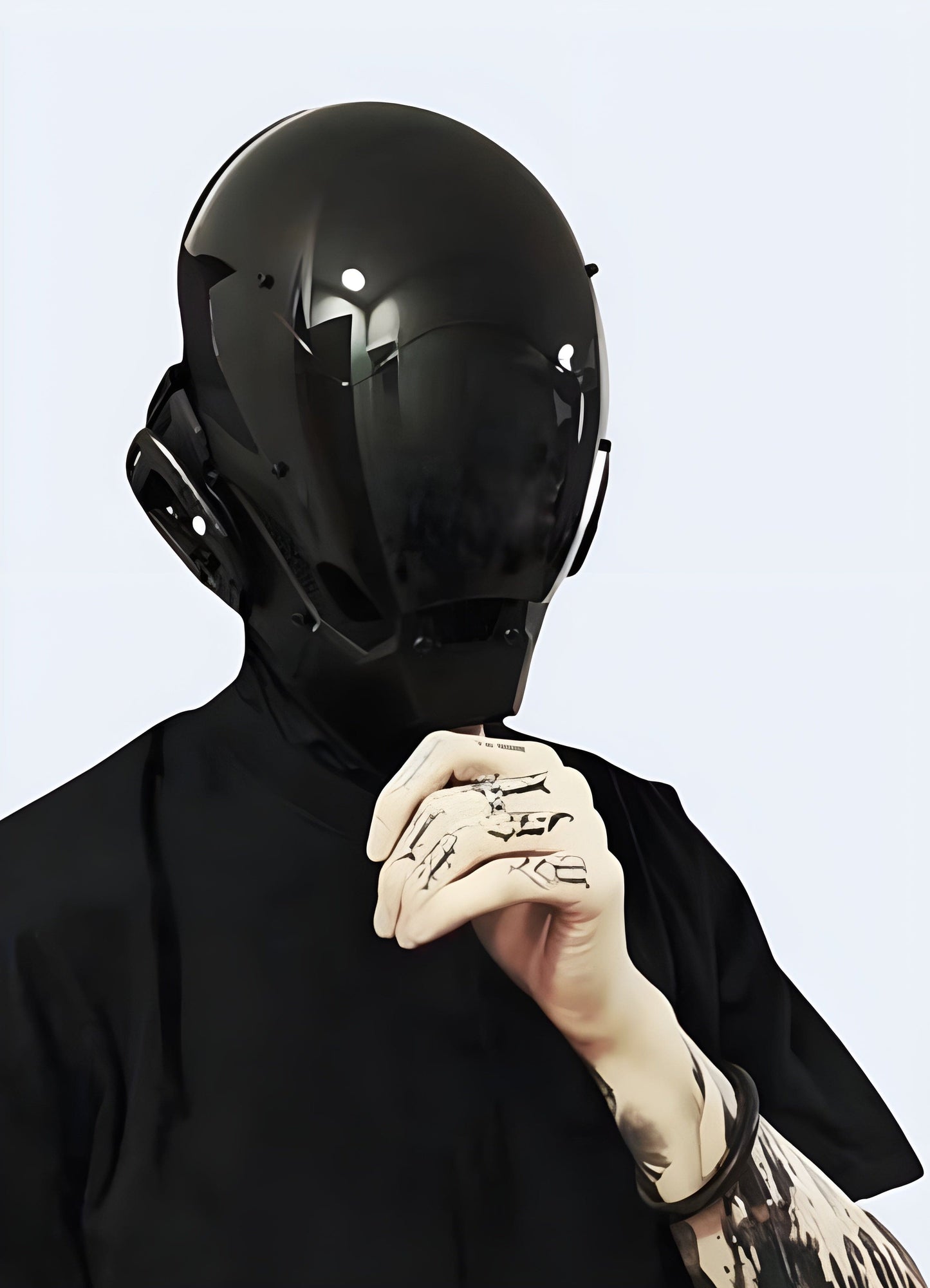 Men in techwear warcore helmet, front view, highlighting advanced urban fashion trends in the UK.