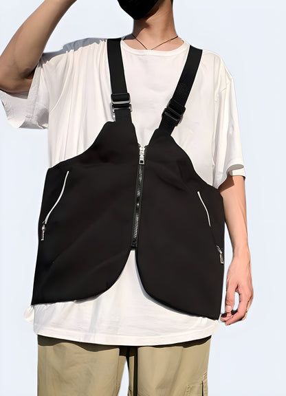 Man wearing black vest chest bag, front view with model, UK. Modern and functional design.