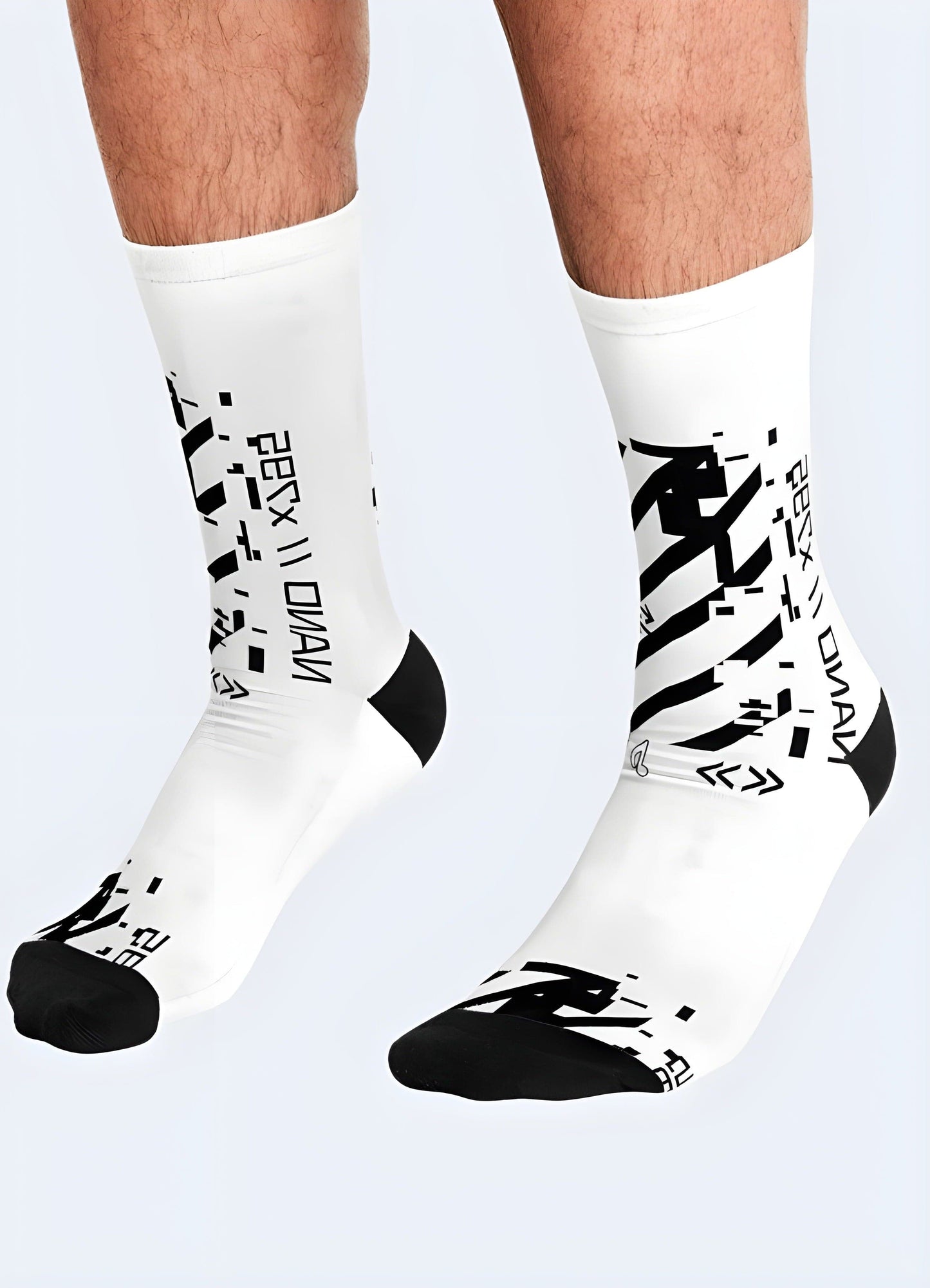 Front view of a man wearing cutting-edge white techwear socks, showcasing the innovative style and high-tech aesthetic.