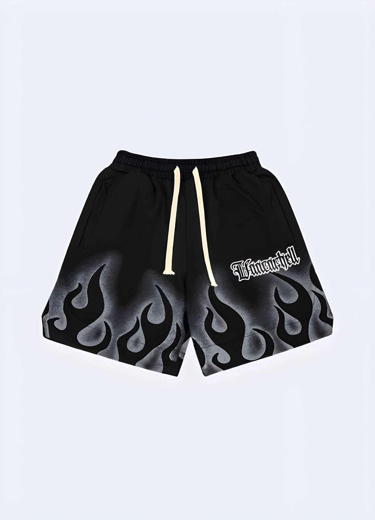 Trendy men's flame shorts, featuring a bold and eye-catching design, perfect for making a statement in the UK fashion scene.