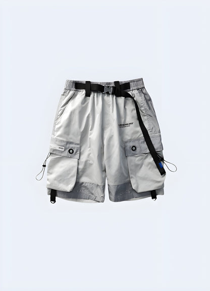 Front view of silver men's jogger shorts, showcasing the sleek design and modern aesthetic, perfect for the UK fashion-conscious individual.