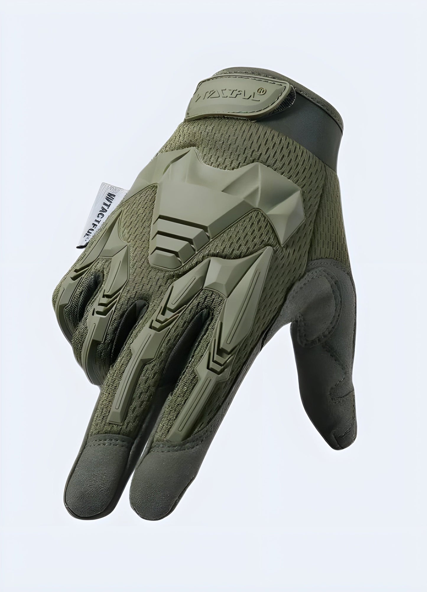 Front view of military full-finger tactical gloves in green. 