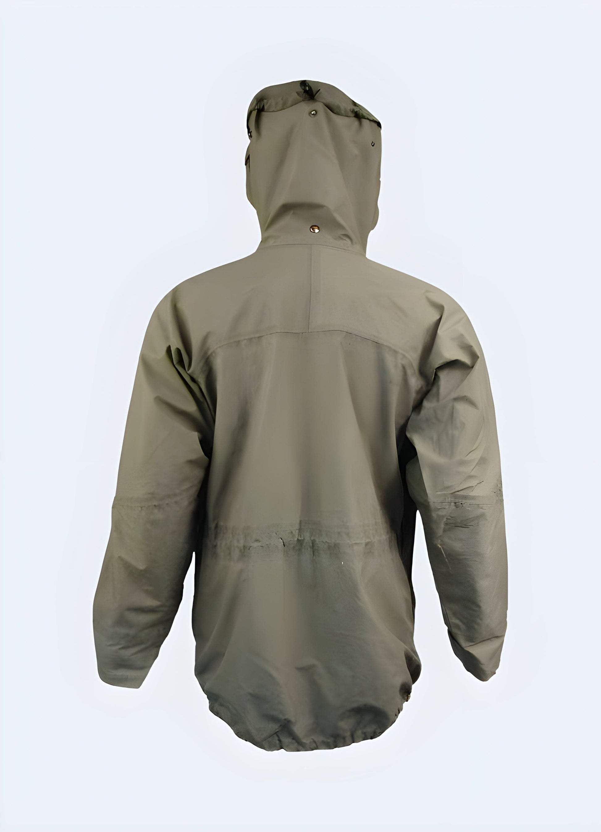 Back side view of a military Gore-Tex jacket, showcasing its rugged construction and streamlined silhouette, perfect for withstanding harsh weather conditions in the UK.