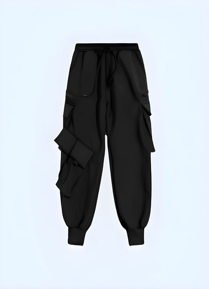 Front view of a model wearing sleek urban cargo pants, highlighting the streamlined silhouette and premium materials, a must-have for UK streetwear enthusiasts.