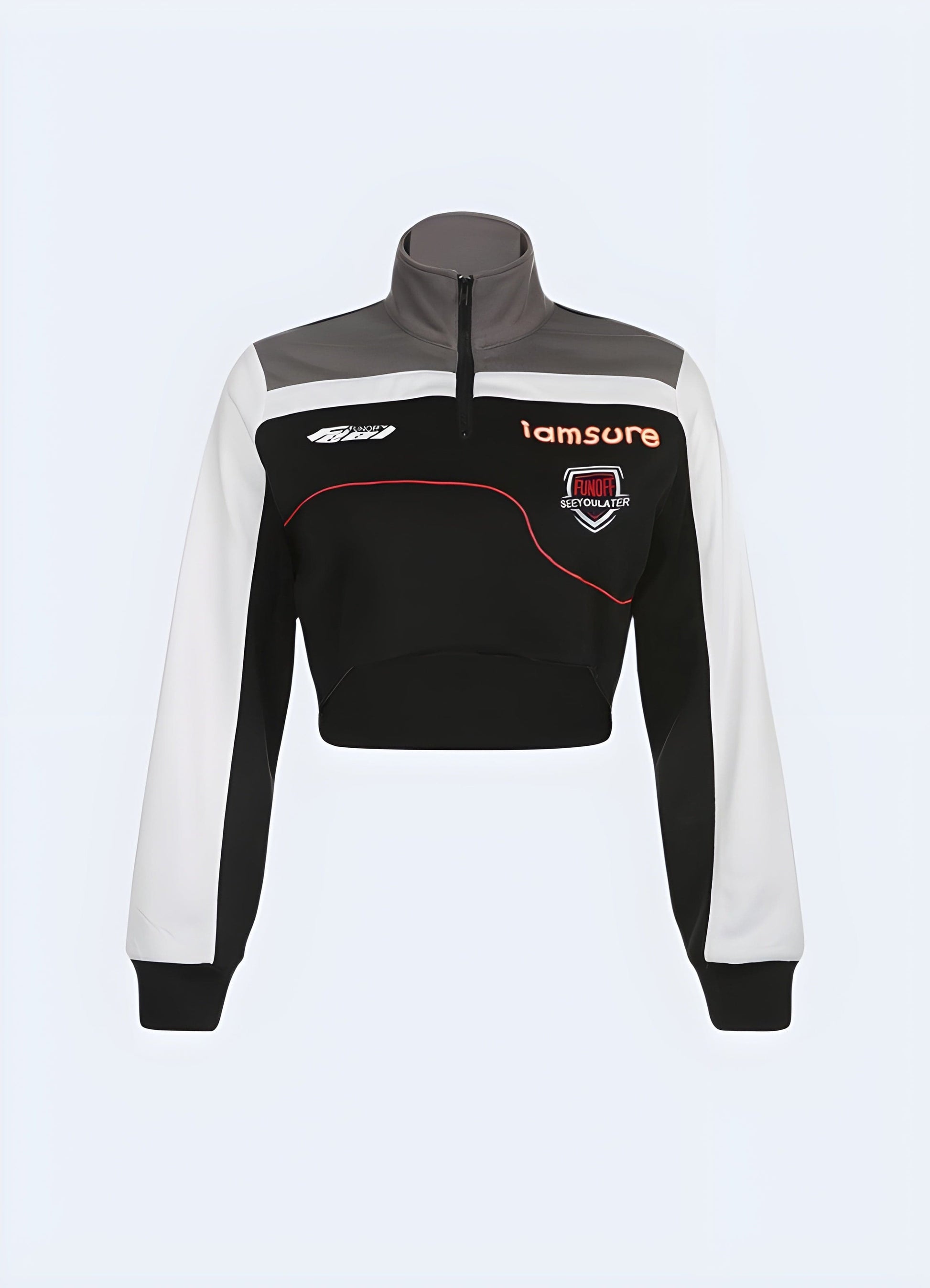 Front view of a motorcycle pullover crop top, emphasizing its cutting-edge aesthetics and innovative details for those embracing the motorcycle-inspired fashion trend in the UK.