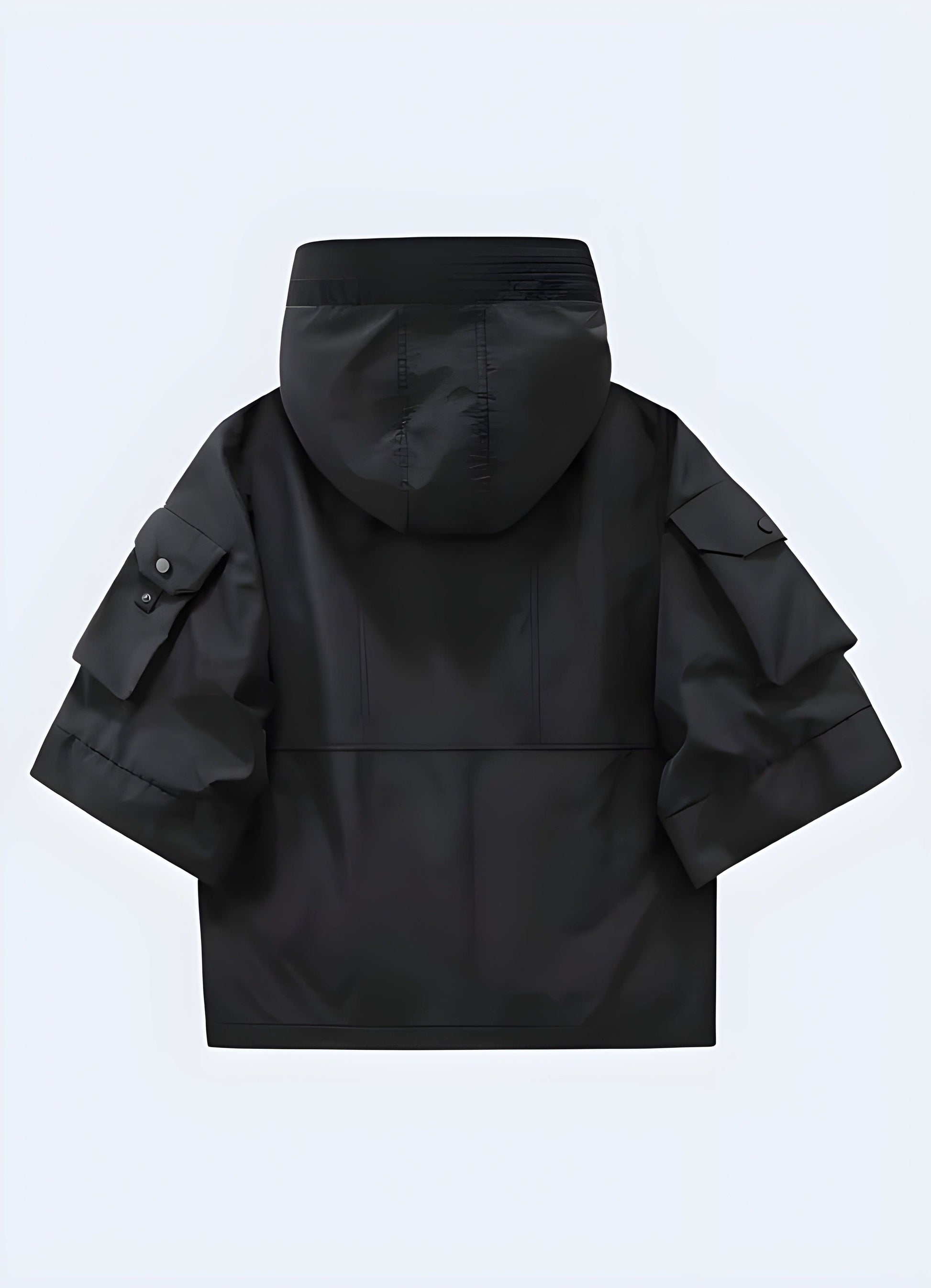 Back view of a multi-pocket jacket, showcasing its streamlined design and advanced materials, perfect for fashion-forward individuals in the UK.