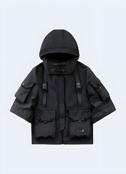 Front view of a multi-pocket jacket with a hood, highlighting its all-weather versatility and modern aesthetics, perfect for style-conscious UK customers.