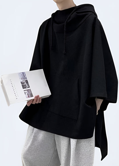 Front view of a cutting-edge multi-pocket techwear poncho, showcasing the garment's advanced technical features, versatile storage options, and sleek, contemporary design that redefines outerwear for the modern era.