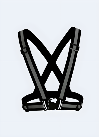 The harness is designed with a utilitarian style, featuring multiple adjustable straps and buckles.