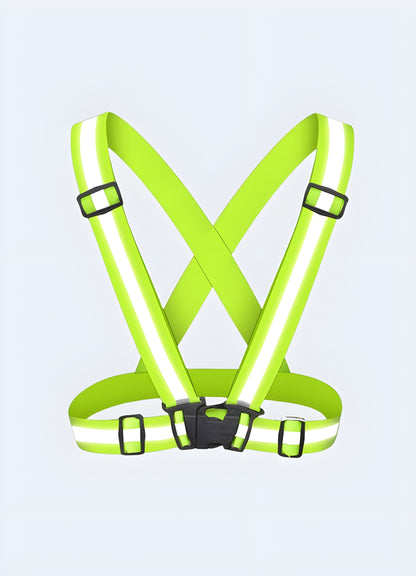 Orange techwear harness adorned with neon reflective stripes, combining safety and fashion for techwear enthusiasts in the UK