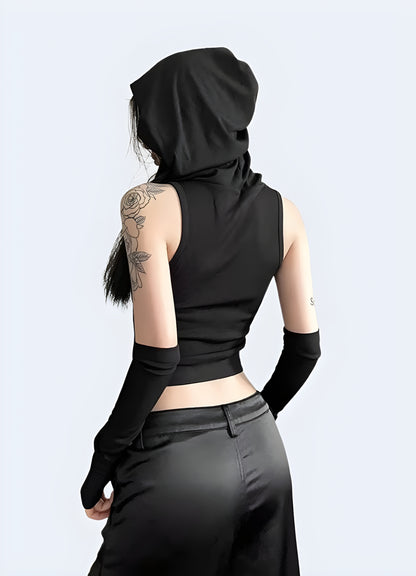 Back view of a woman in a cutting-edge techwear hooded bodysuit, highlighting the garment's unique features and urban style for UK wearers.