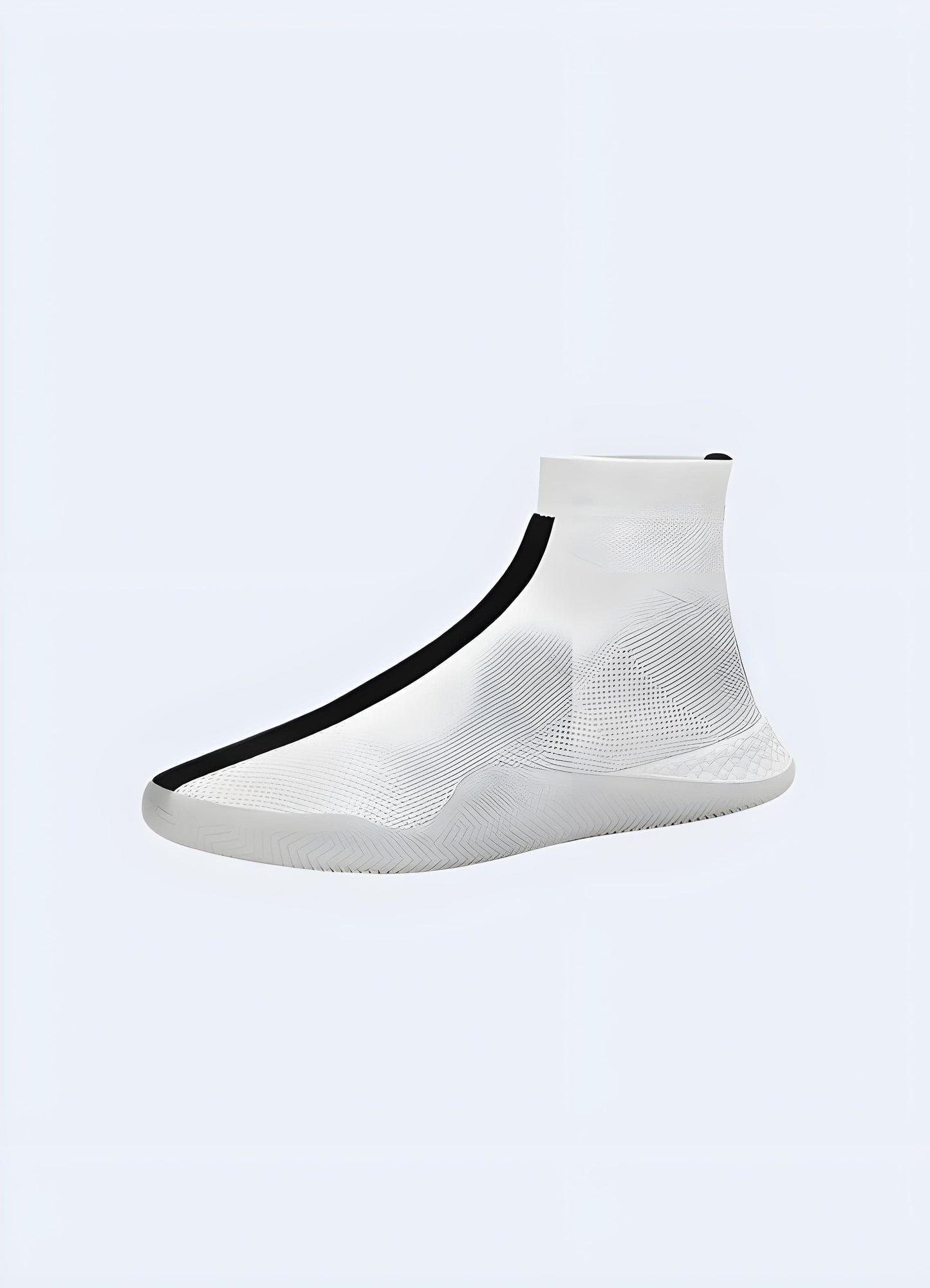 No-laces white tech sneaker side view modeled in the UK. Modern and minimalist style.