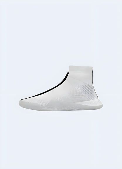 Innovative no-lace white tech sneakers, featuring a sleek and minimalist design for effortless style and convenience, perfect for UK urban fashion enthusiasts.