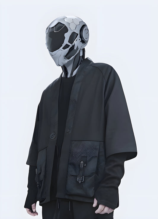 Innovative noragi techwear for man, blending traditional Japanese style with modern technical features, perfect for the UK urban fashion scene. 