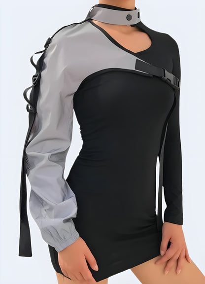 Stylish one-sleeve reflective top for women, combining fashion and functionality for enhanced visibility in the UK urban landscape.