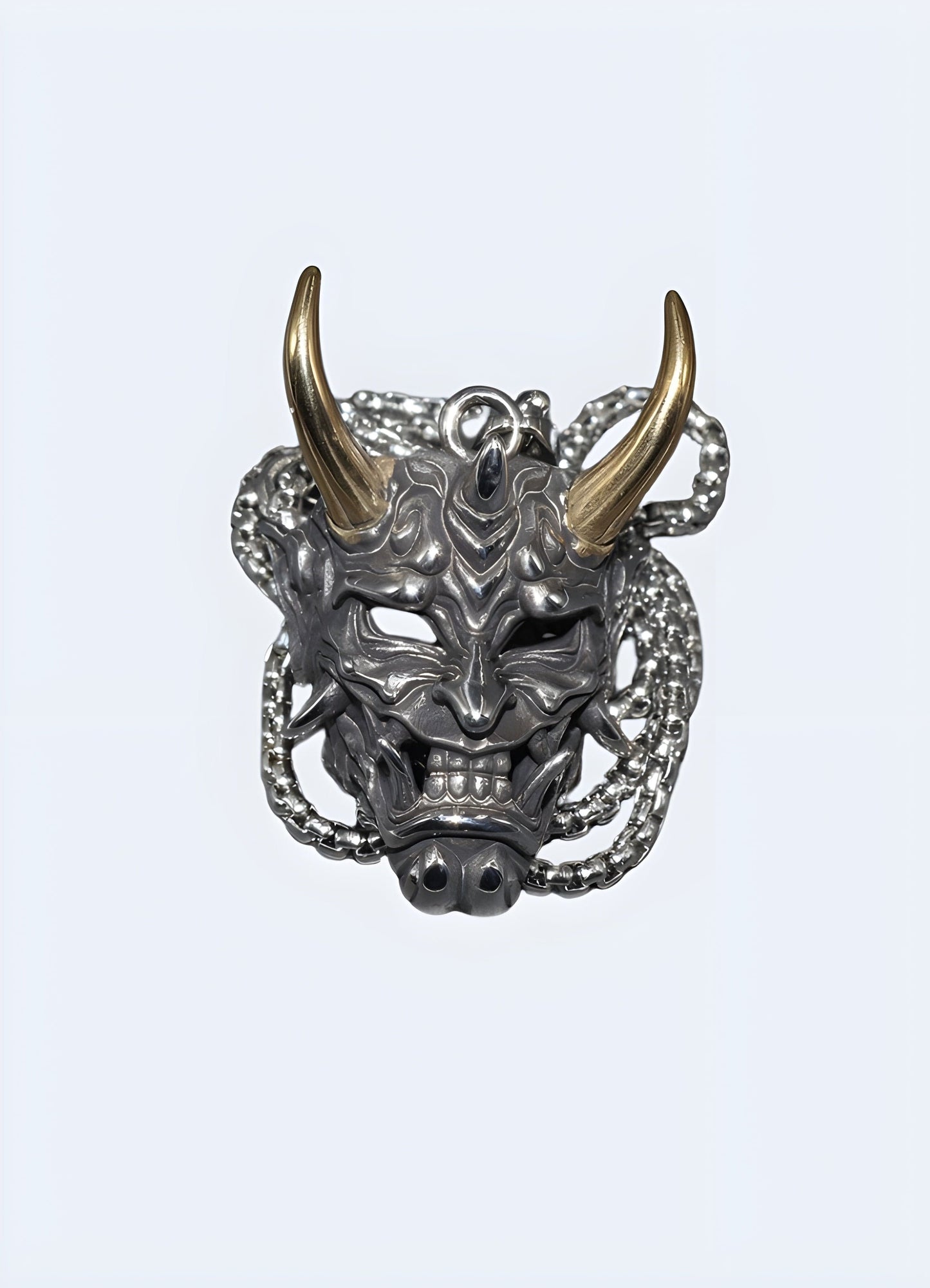 Oni mask necklace in a front view, UK, featuring a striking and unique design.