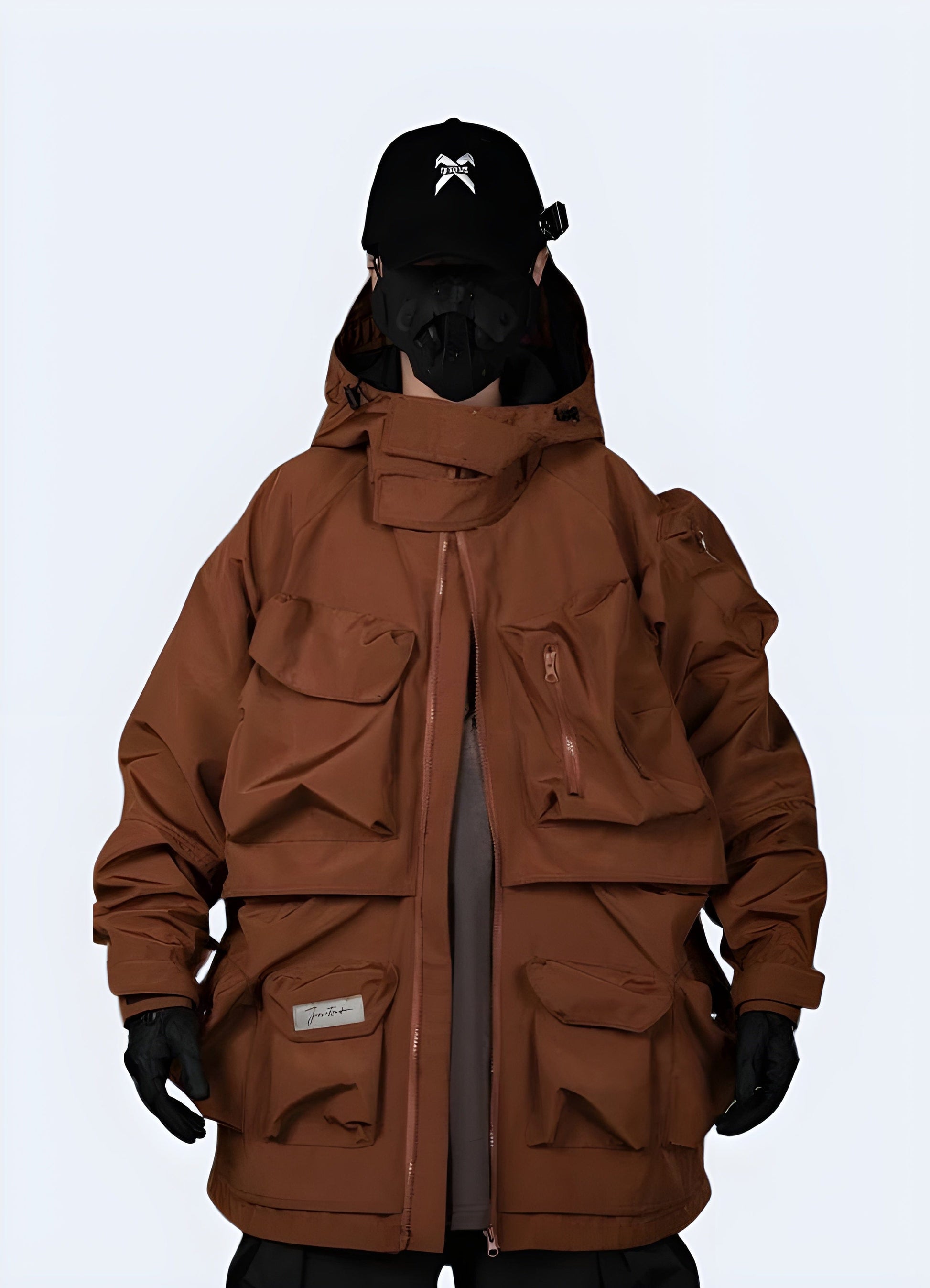 Innovative orange techwear jacket, combining bold styling and advanced technology for fashion-forward urban explorers in the UK.