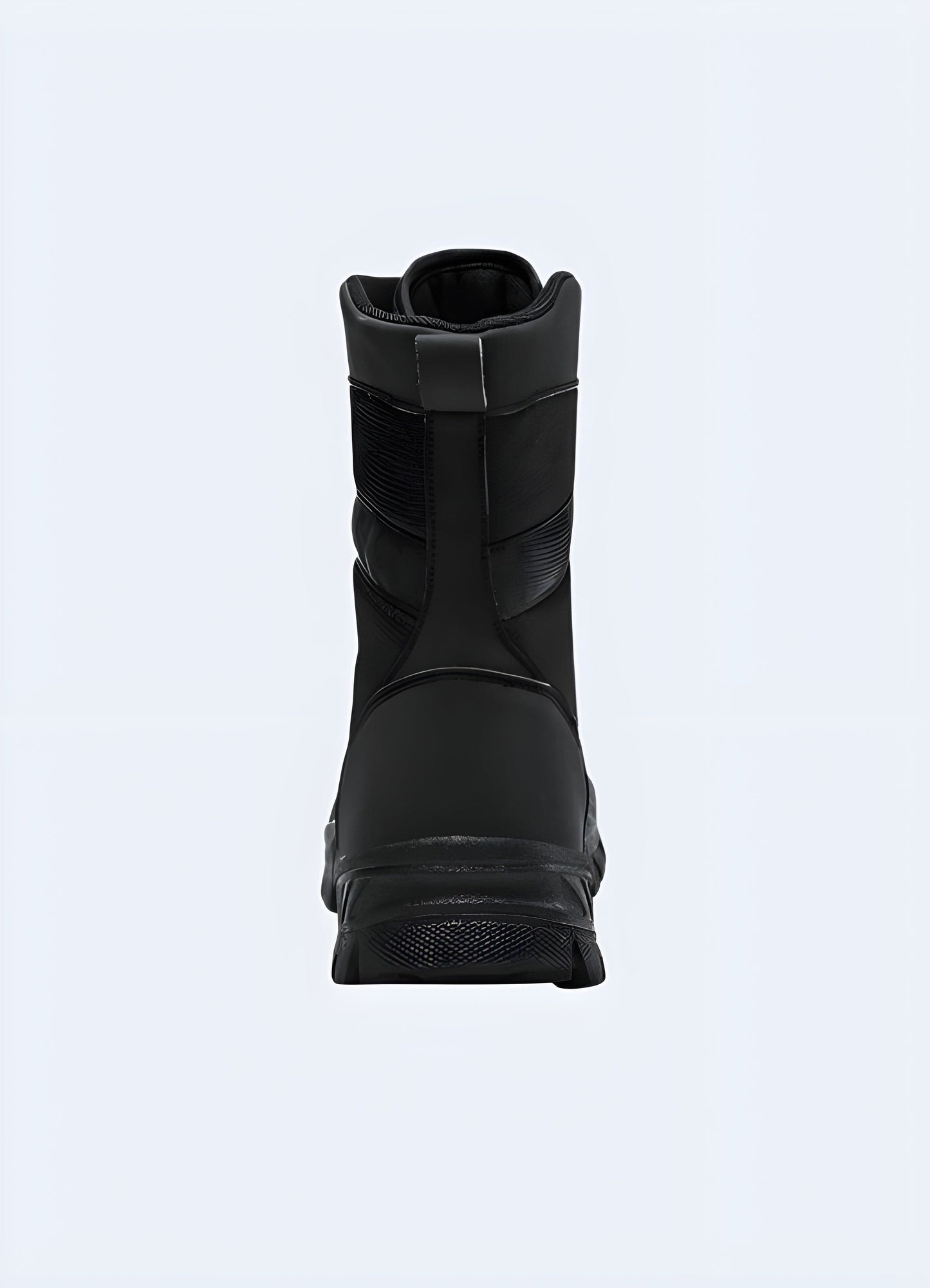 Back view of outdoor techwear boots, highlighting their sturdy heel support and reinforced design, ideal for conquering challenging UK outdoor environments.