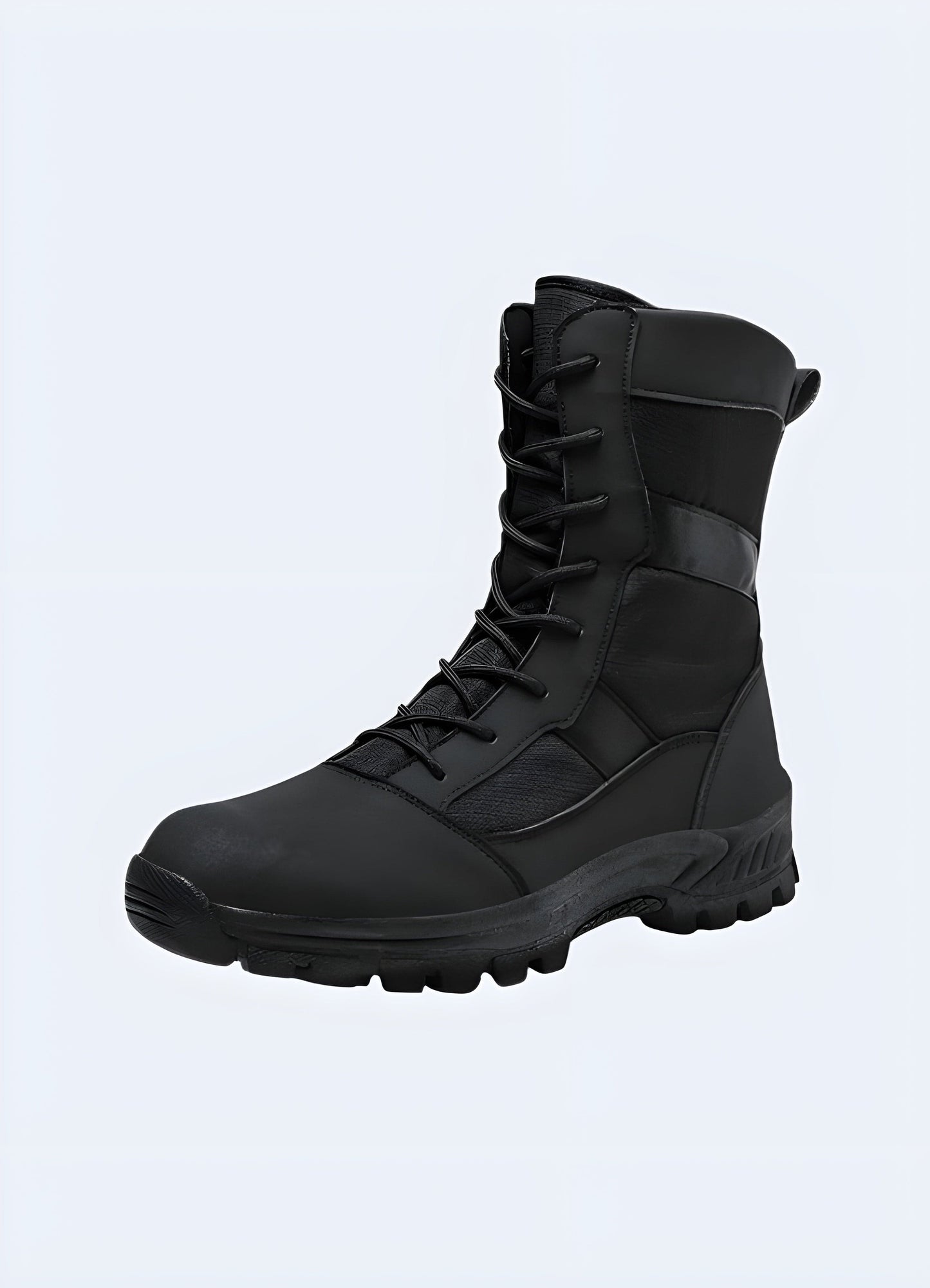 Front side view of outdoor techwear boots, showcasing their durable construction and advanced technical features, perfect for tackling diverse UK terrain.