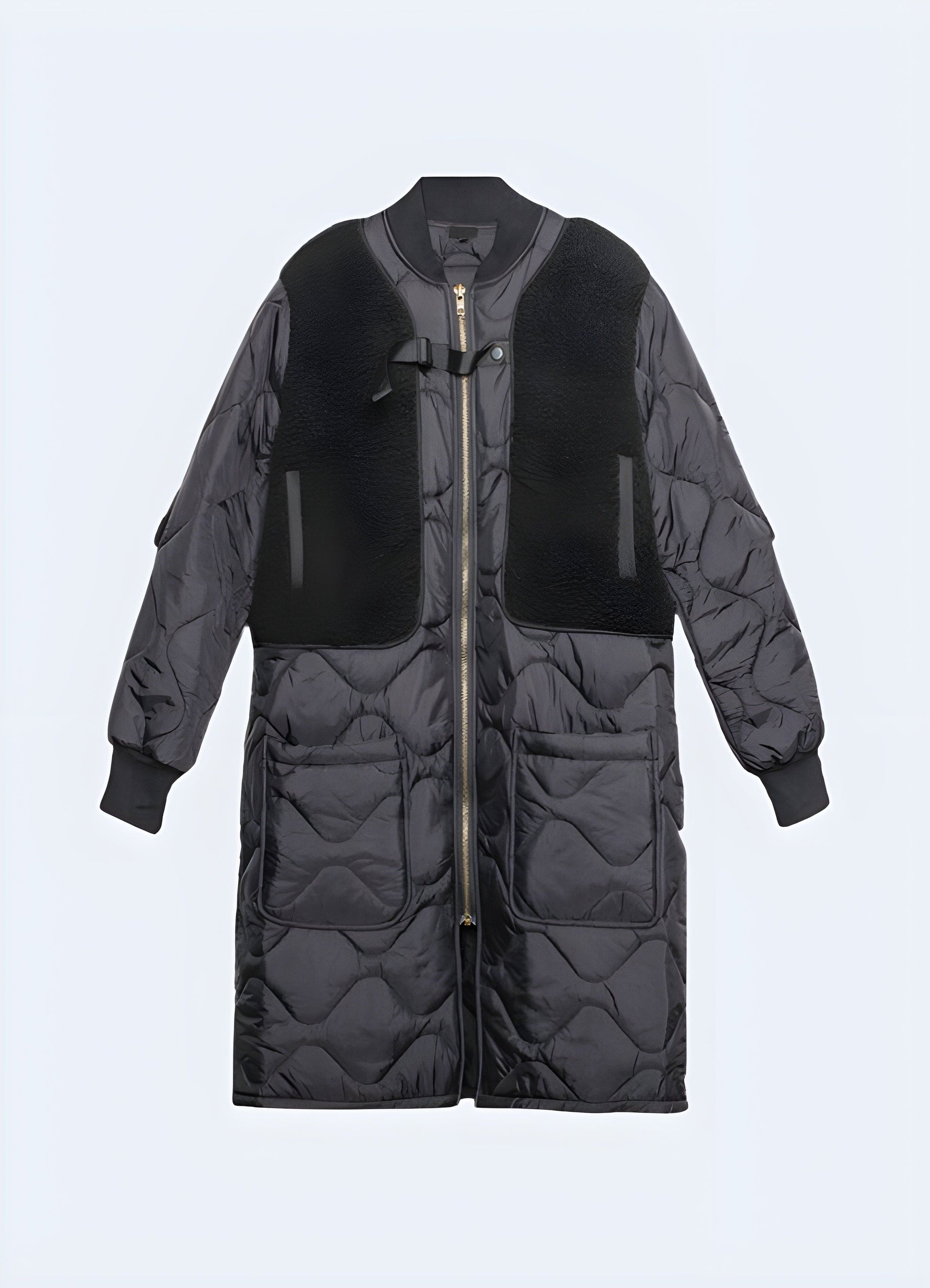 Front view of an oversized streetwear sherpa jacket, featuring a relaxed fit, plush texture, and urban-inspired design, ideal for UK trendsetters seeking a comfortable and stylish outerwear option.