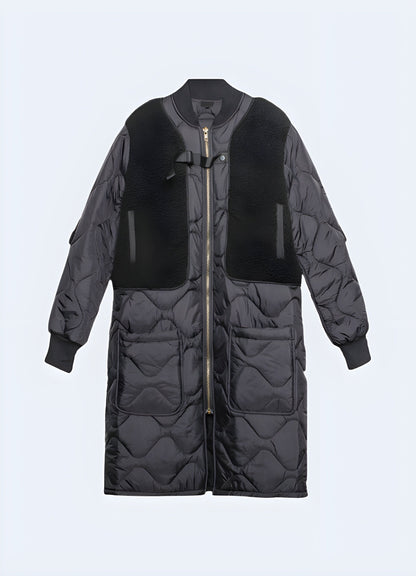 Front view of an oversized streetwear sherpa jacket, featuring a relaxed fit, plush texture, and urban-inspired design, ideal for UK trendsetters seeking a comfortable and stylish outerwear option.