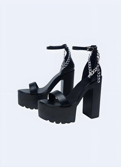 Front and side view of a woman wearing platform chunky heeled sandals, highlighting the fashionable aesthetics, secure ankle strap, and versatile style suitable for various occasions.