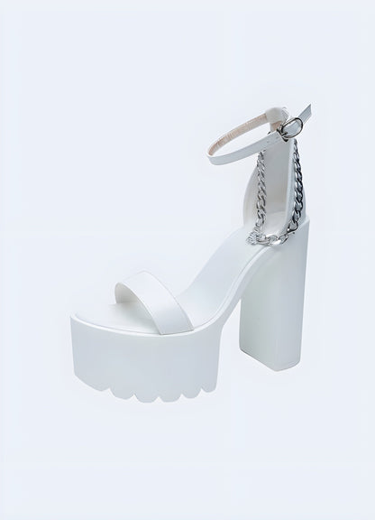 Side view of platform chunky heeled sandals, showcasing the trendy design, sturdy block heel, and eye-catching silhouette for a head-turning look.