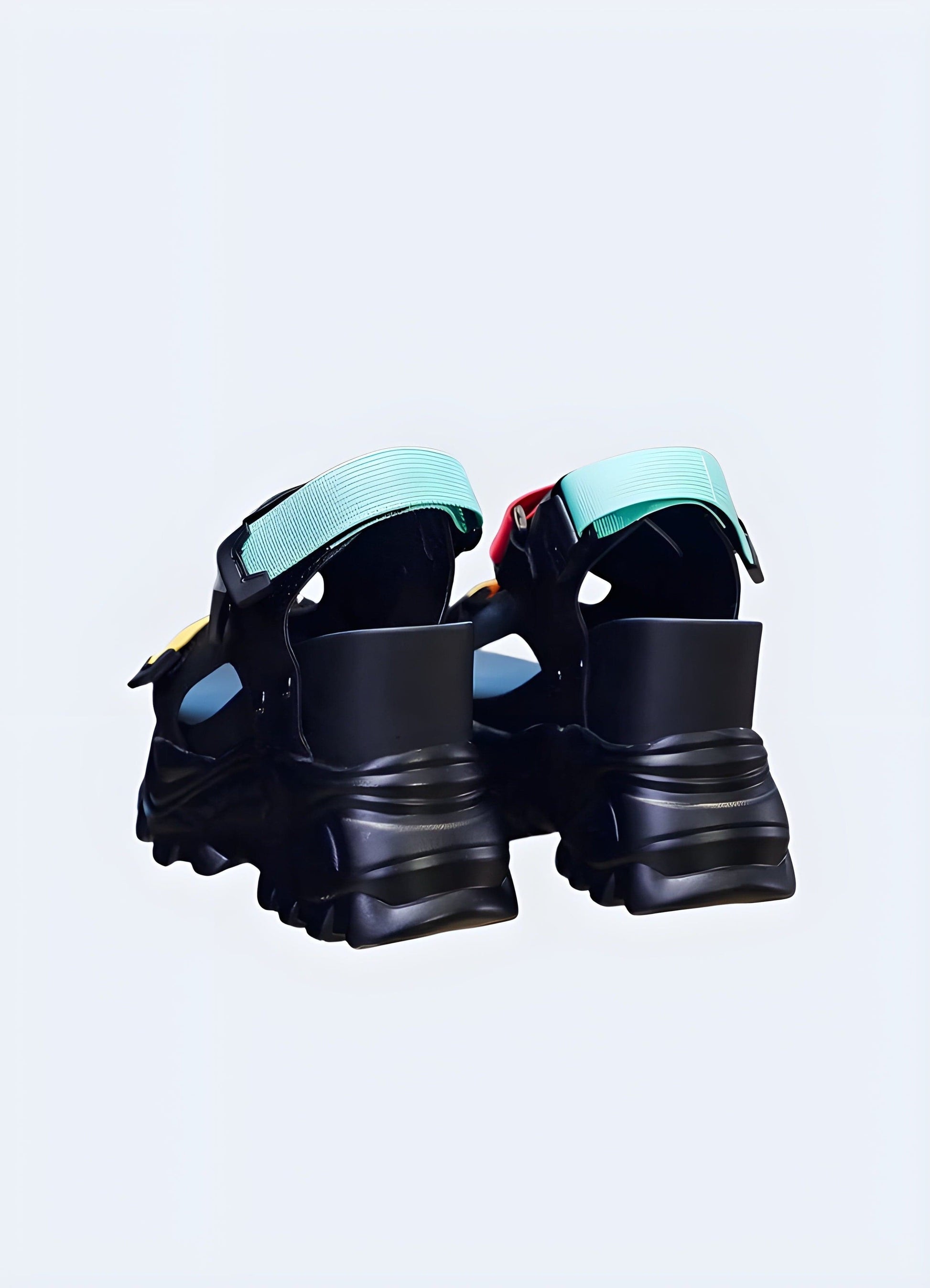 Back view of platform chunky sandals, showcasing the sturdy construction, chunky sole, and stylish appeal for a head-turning look.